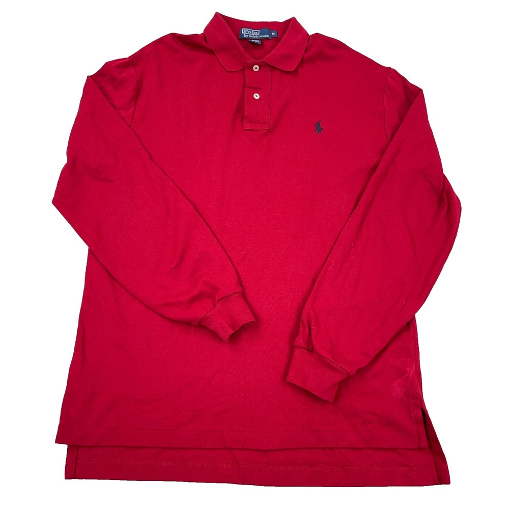Ralph Lauren Polo Shirt Men Medium Red Soft Touch Long Sleeve Black Pony Rugby